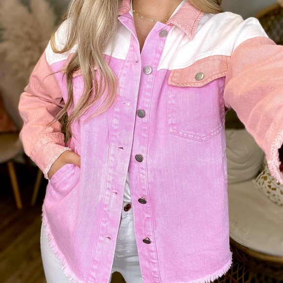 Pink and White Colorblock Denim Jacket - Picture 4 of 4